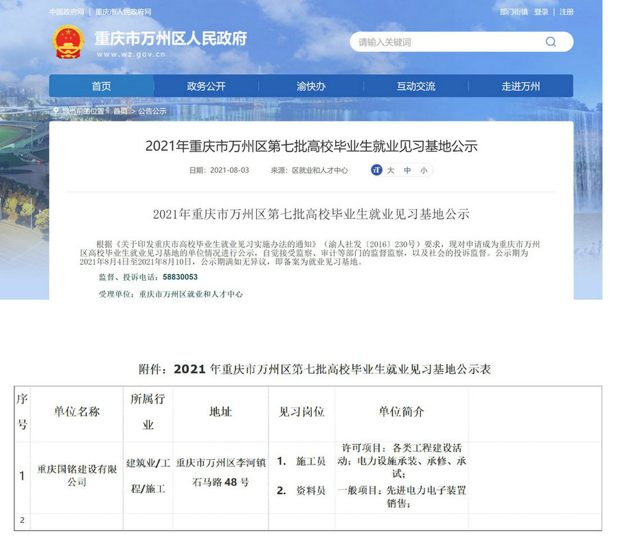 热烈祝贺我公司被万州区政府授予高校毕业生就业见习基地